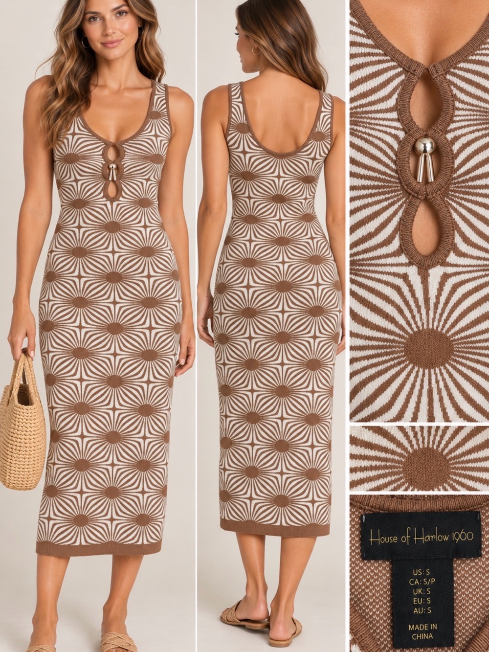 House of Harlow 1960 Brown & Cream Geometric Knit Midi Dress